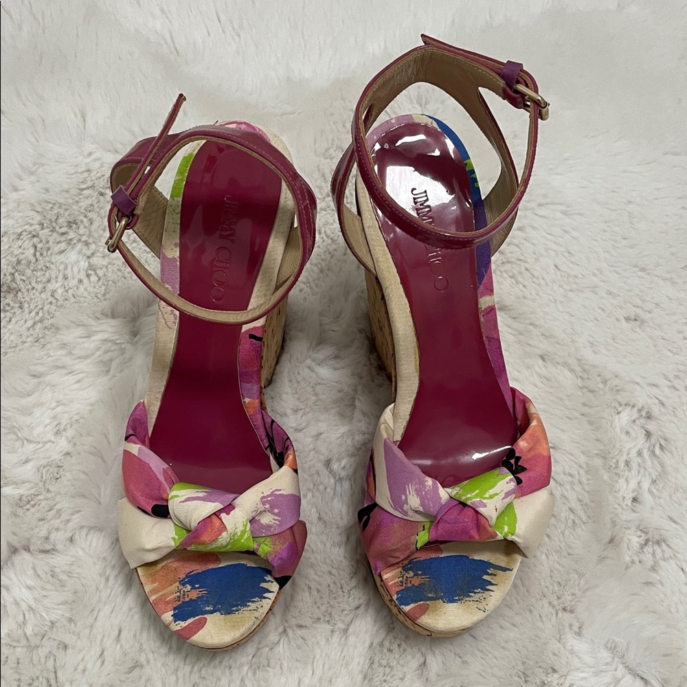 Jimmy Choo Purple Gleam Printed Cork Wedge Sandals